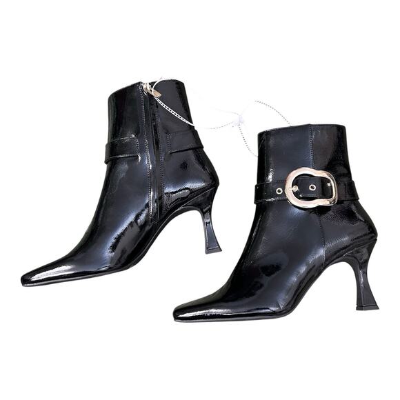 NWOB Gb Gianni Bini Sz 8M Face-Card Patent Oversized Buckle Heeled Bootie Black - Picture 2 of 16